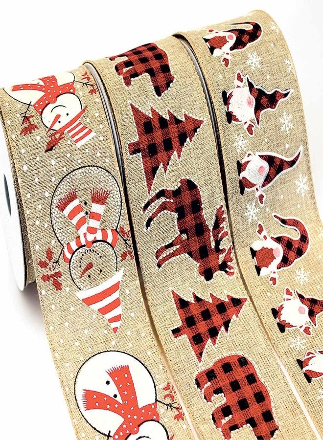 OLYPHAN Burlap Christmas Ribbon Wired Red Black Checkered Bufalo Reindeer, Snowman, Xmas Gnome 2.5 Inch 18 Yds Wire Set Gnomes Design Gift Wrapping Bows Decorating Bow Christmas Tree Wrap Around Garland Decor - Image 1
